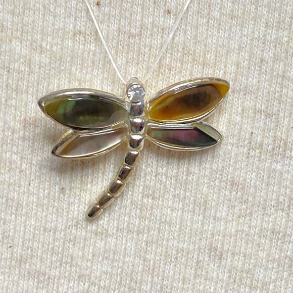 Dragonfly Pendant Yellow Green Abalone Wings On Silver Tone Metal - Picture 2 of 9